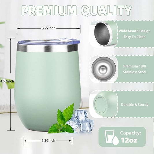 12oz/4 Pack Stainless Steel Wine Tumbler with Lid and Straw, Double Wall Vacuum Insulated Wine Tumbler Glasses, Stemless Travel Mugs for Hot and Cold Drinks, Coffee, Wine, Cocktails