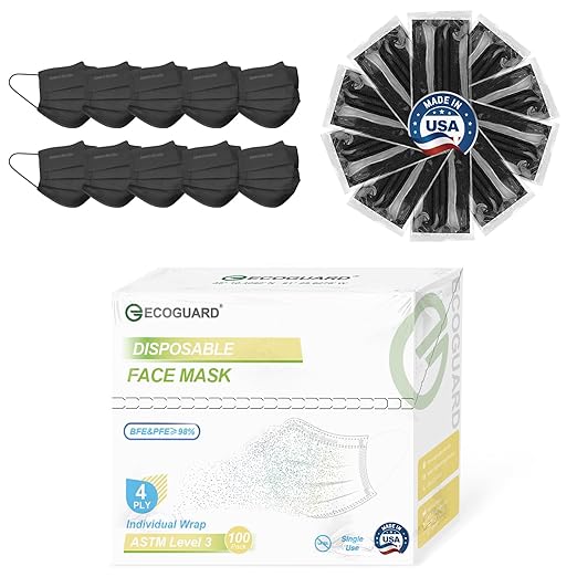 Disposable Face Masks Made in USA, 4 Ply for Families, Students, Breathable All-Day Wear & Safety, FSA HSA Eligible, ASTM Level 3 Medical Grade, 100 Pack Individual Wrap, Black