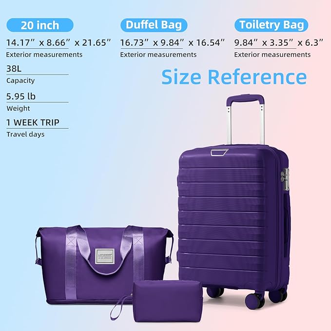 LARVENDER Luggage Sets 3 Piece with Duffel Bag Hardside PP Carry On Suitcase with 360° Spinner Wheels TSA Lock Luggage Sets for Women, Grape Purple