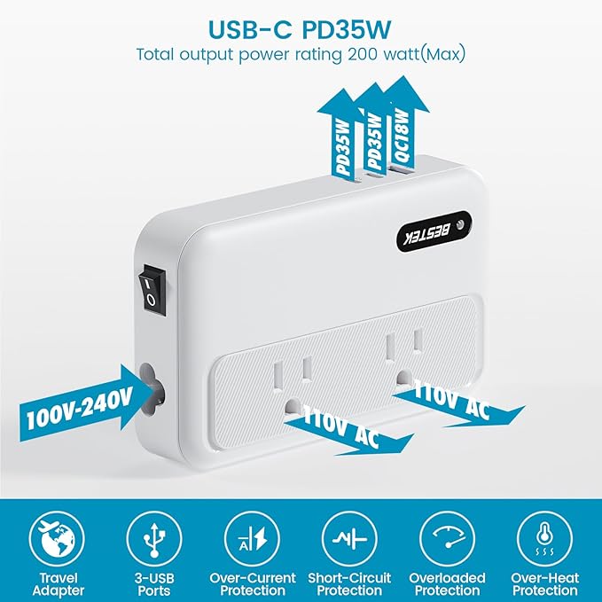 BESTEK 220V to 110V Converter with USB-C 35W, Universal Travel Adapter, US to Europe Power Converter for Hair Straightener/Curling Iron, Step Down Transformer(AU/EU/UK/India/South Africa Plug Adapter)