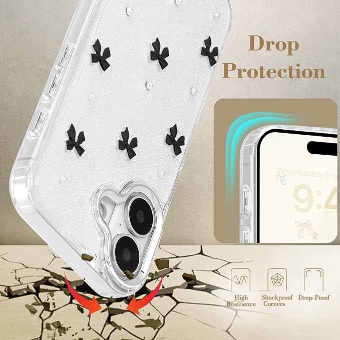 EYZUTAK Case for iPhone 16 Plus, Bling Glitter 3D Bowknot Phone Case Cute Sparkly Crystal Clear Bow Aesthetic Design Case Slim Soft Durable TPU Transparent Protective Cover for Women Girl - Black Bow