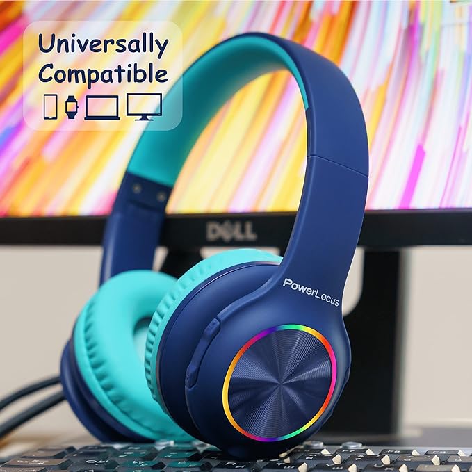 PowerLocus PLED Kids Bluetooth Headphones, Kids Wireless Headphones with LED Lights, 74/85/94dB Safe Volume, Micro SD, AUX Cable, Hi-Fi Stereo, Built-in Mic Over Ear Kid Headphone for Travel/Tablet/PC