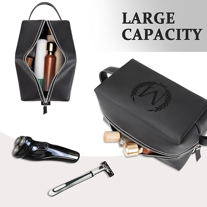 Personalized Gifts Travel Toiletry Bag for Men Engraved Initial PU Leather Waterproof Shaving Bag for Toiletries Accessories Fathers Day Birthday Gift for Men Dad Husband Son, Black V