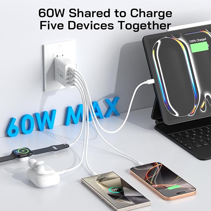 3Pack USB C Fast Charger Block, 60W 5-Port USB C Wall Charger 30W Type C Charging Block, 2USB C+3USB A PPS/PD 3.0 Multiport Charging Cube for iPhone 17 16 15 14 Pro Max,for Galaxy S25 S24 Ultra, i Pad