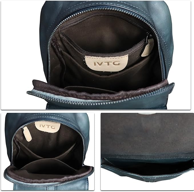 IVTG Genuine Leather Sling Bag Casual Shoulder Hiking Backpack Vintage Handmade Crossbody Bag Retro Chest Daypack (NavyBlue)