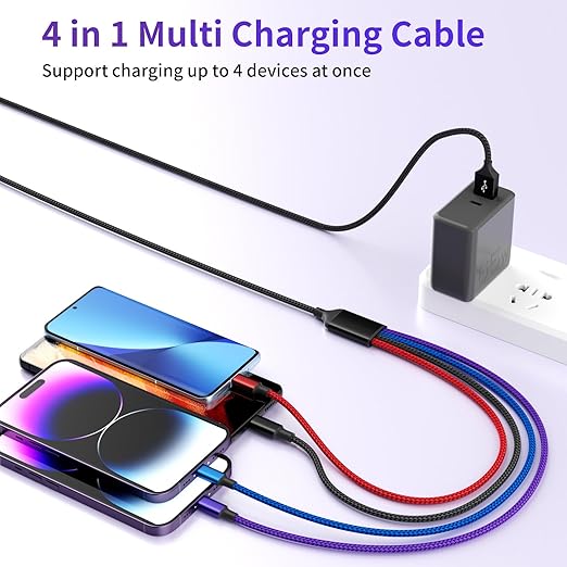 Dual IP 4 in 1 Multi Charging Cable [1Pack 5FT], Nylon 4 in 1 Charging Cable, Multi Chargers for All Devices with IP/IP/Type C/Micro Port, Compatible with Most Cell Phones/Tablets and More