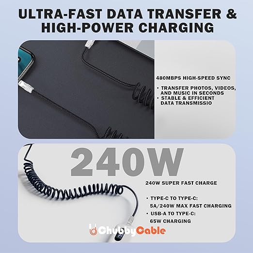 chubbycable Curly Chubby Retractable Fast Charging Cable 120W Coiled Charger Cord for Car Durable USB C Cable Compatible with iPhone 16/15 Series, Purple+Purple, USB-A to Type-C, 1.3FT-2.3FT