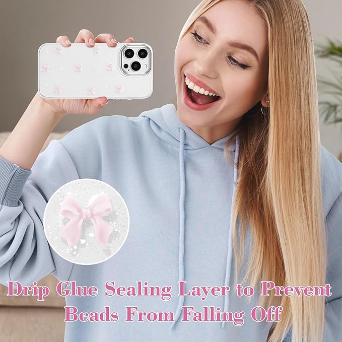 EYZUTAK Case for iPhone 15 Pro, Bling Glitter 3D Bowknot Phone Case Cute Sparkly Crystal Clear Bow Aesthetic Design Case Slim Soft Durable TPU Transparent Protective Cover for Women Girl - Pink Bow