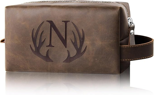 Travel Toiletry Bag for Men Personalized Groomsmen Proposal Gift Idea Bachelor Party Favor Monogrammed Initial Letter PU Leather Waterproof Shaving Bag Travel Essentials Storage Bags (N)