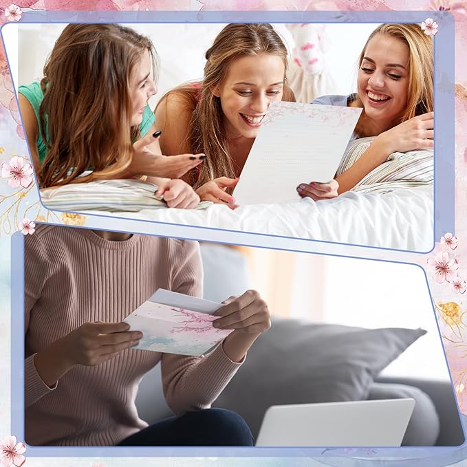 TaoBary 160 Pcs Stationery Paper Set 50 Double Sided Stationery Papers with 50 Matching Envelopes and 60 Round Dot Sticker, 10 Design(Cherry Blossom,5.5 x 8.25 Inch)