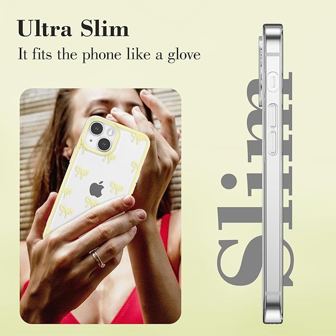 EYZUTAK Case for iPhone 13, Clear Cute Ribbon Bowknot Pattern Aesthetic Transparent Phone Case Raised Camera Protection Stylish Slim Soft Durable TPU Protective Cover for Women Girls - Yellow