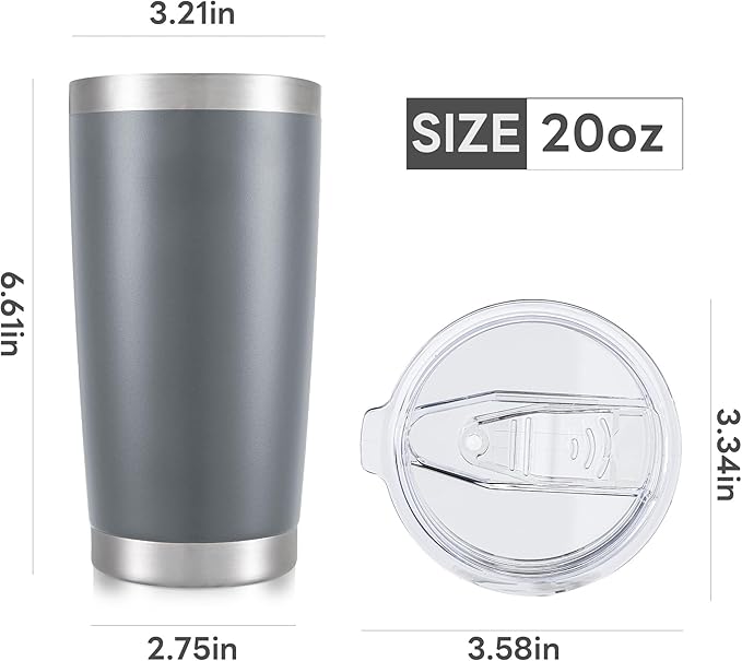 20 oz Tumbler with Lid Stainless Steel Insulated Tumblers Bulk Double Wall Vacuum Cups Powder Coated Travel Mug Keep Drinks Cold and Hot, Grey, 12 Pack