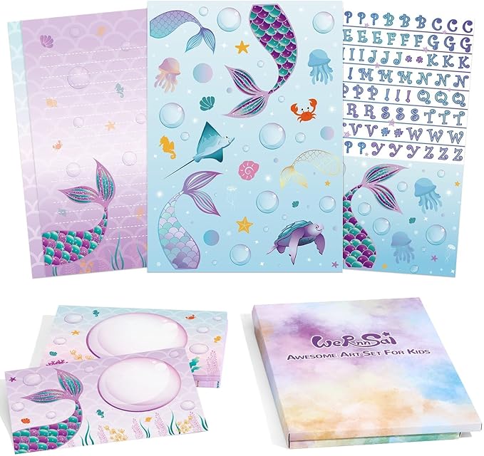 WERNNSAI Kids Stationery Set - 72PCS Girls Stationery Set Teens Mermaid Letter Writing Kit Letter Paper Set Stationery Writing Sheets with Envelopes School Mermaid Gift for Girls