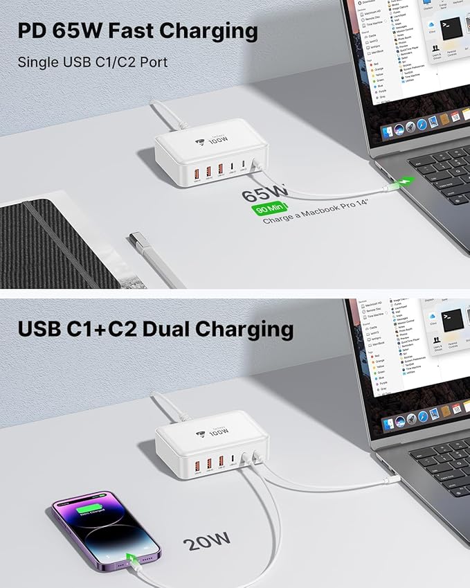 USB C Fast Charger, 100W GaN 6 Port USB C Fast Charging Station Hub Block Cube, QC USB A and PD USB c Wall Charger Power Multiple USB Charger Plug for iPhone 16 15 14 13 12 Pro Max, MacBook, Samsung