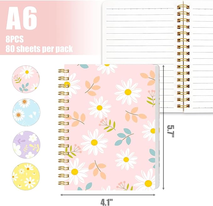 Koogel 8PCS Cute Spiral Notebook Journal, A6 Hardcover Journal Pocket Notebooks, 80 Sheets/160 Pages Wirebound Diary Planner for Back to School Office Home Women Gifts Supplies