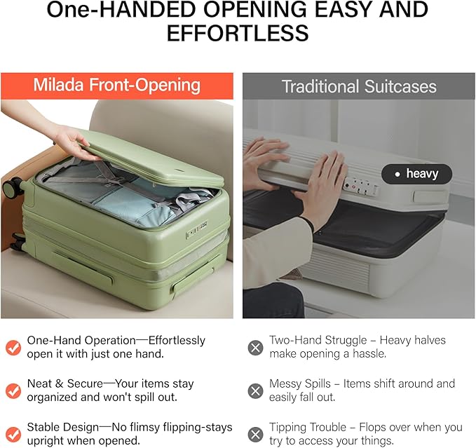 MILADA Expandable Checked Luggage 24 Inch Top Opening Travel Luggage Hard Shell Suitcases with Wheels TSA Approved Luggage Trunk Rolling Medium Checked Suitcase, Bamboo Green