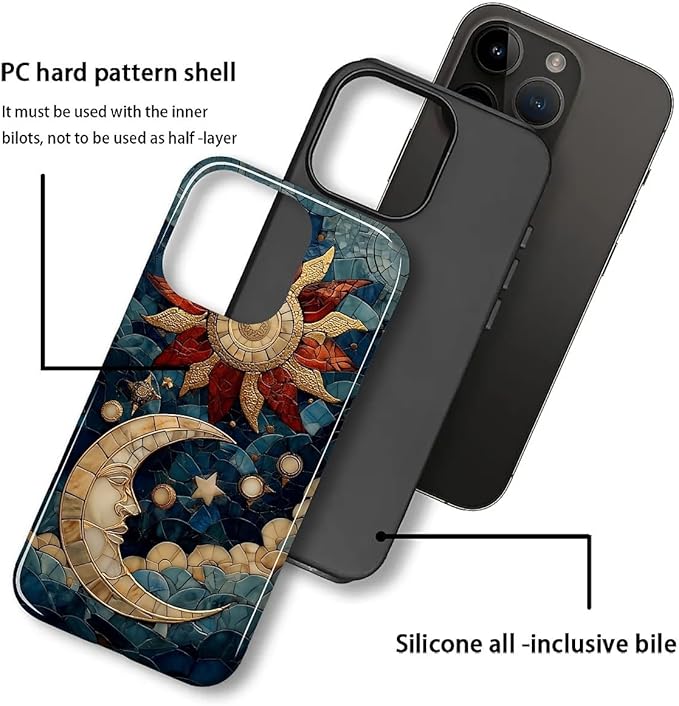 Case for iPhone 11 Pro Case,Sun Moon Stars Faux Stained Glass Design - Hybrid Dual Protection Silicone + Hard PC Shockproof Full Body Cover Slim Anti-Scratch Protective Case for Men Women