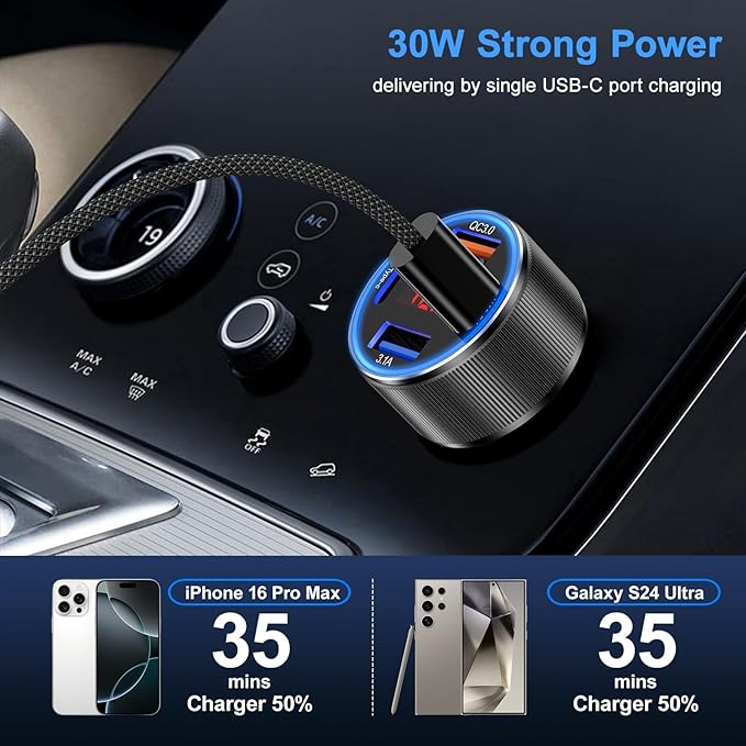 Car Phone Charger, Besgoods USB C Car Charger Adapter 4 Ports with Voltmeter PD&QC Fast Charging Cigarette Lighter USB Charger for iPhone 17 16 15 14 13 Galaxy S25 S24 A54 A16 Dashcam Car Acc, 2Pack