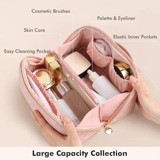 Prite Makeup Bag for Women Travel Waterproof Vegan Leather Cosmetic Bag Open Flat Toiletry Bag With Clear Divider and Handle (Plaid Pink)