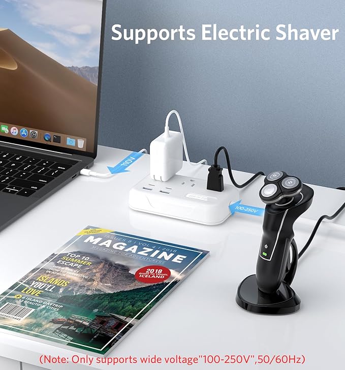 BESTEK European Travel Plug Adapter: UK Travel Plug Adapter- US to UK Europe Travel Power Strip with 20W USB C Charger - 3 AC Outlets, 4 USB Ports (White)