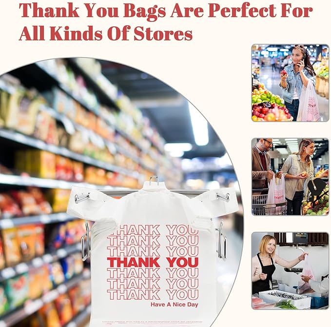 Delxo Grocery Bags Thank You Plastic T-Shirt Bag (1000 Count), White Supermarket Shopping Bags with Handles for Restaurant, Retail, To Go, Takeout, Convenience Stores 11.5 x 6.5 x 21 In