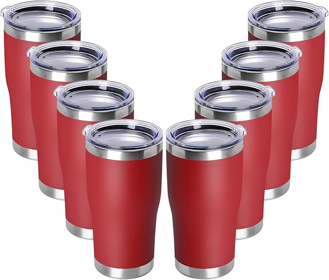 DOMICARE 20oz Tumbler with Lid Stainless Steel Tumblers Bulk, Double Wall Vacuum Insulated Coffee Travel Mug Powder Coated Tumbler, 8 Pack Red