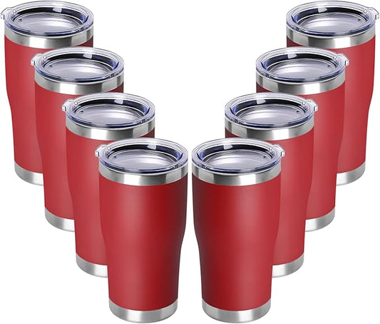DOMICARE 20oz Tumbler with Lid Stainless Steel Tumblers Bulk, Double Wall Vacuum Insulated Coffee Travel Mug Powder Coated Tumbler, 8 Pack Red