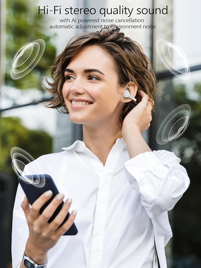 JewelPods C01 Wireless Earbuds,Open Ear Earbuds Jewelry-Inspired Designs Metal Clip-on,Excellent Spatial Audio,Sweat and Water Resistant,72H Play,White Gold