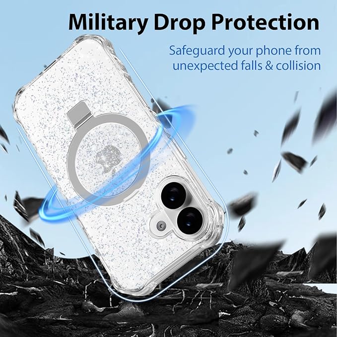 Magnetic for iPhone 17 Case with Invisible Stand, Compatible with MagSafe, Clear Bling Sparkle Shockproof Slim Anti-Slip Military Drop Protection Hard Phone Case 6.3" Glitter Silver