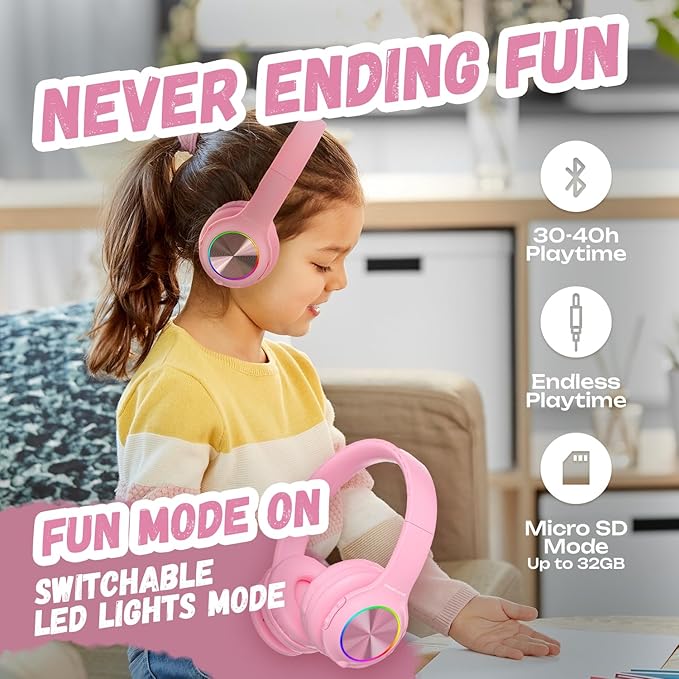 PowerLocus PLED Kids Bluetooth Headphones, Kids Wireless Headphones with LED Lights, 74/85/94dB Safe Volume, Micro SD, AUX Cable, Hi-Fi Stereo, Built-in Mic Over Ear Kid Headphone for Travel/Tablet/PC