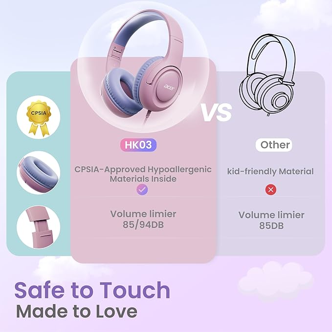acer Kids Headphones Wired for School - Over-Ear 85/94dB Volume Limiter 3.5mm Jack Foldable Stereo Sound Headset for Toddlers Girls Boys Travel Learning Entertainment Tablet Kindle iPad PC,Pink Purple