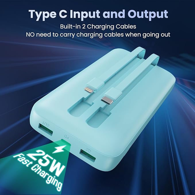 Portable Charger PowerBank 40,800mAh with 2 Built-in Cables,25W PD Fast Charging +QC 4.0 Quick Phone Charging Power Bank, 5 Outputs LCD Display USB C Battery Pack for iPhone 16/15 Android Galaxy etc