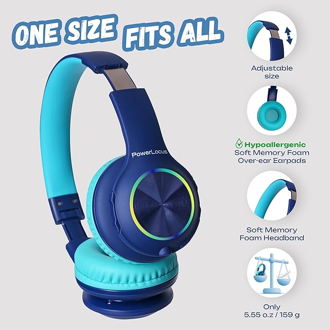 PowerLocus PLED Kids Bluetooth Headphones, Kids Wireless Headphones with LED Lights, 74/85/94dB Safe Volume, Micro SD, AUX Cable, Hi-Fi Stereo, Built-in Mic Over Ear Kid Headphone for Travel/Tablet/PC