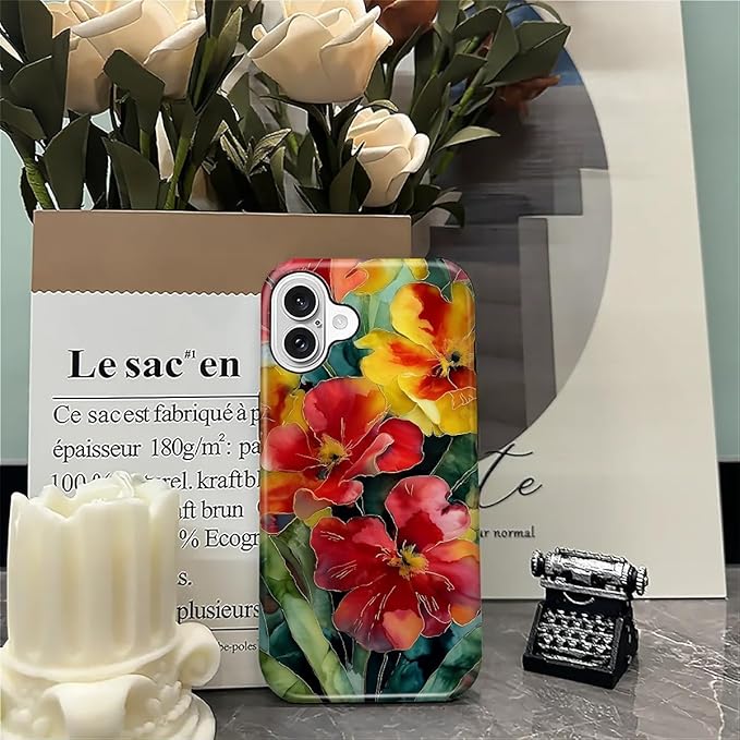 Case for iPhone 16 Case,Vintage Floral Girly Design - Hybrid Dual Protection Silicone + Hard PC Shockproof Full Body Cover Slim Anti-Scratch Protective Case for Men Women