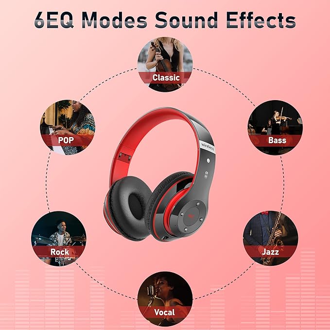 Bluetooth Headphones Over Ear, 6S Foldable Wireless Headphones with 6 EQ Modes, 40 Hours Playtime HiFi Stereo Headset with Mic, Soft Ear Pads, TF/FM for Cellphone/PC/Home (Red)