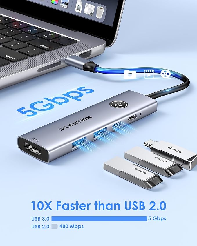LENTION USB C Multiport Adapter, 5-in-1 USB C Hub with HDMI 4K@60Hz, USB A 3.0, Type C 3.0, 100W PD Charging, Multiport USB Adapter with Screen On/Off Button for MacBook and Other Type C Devices