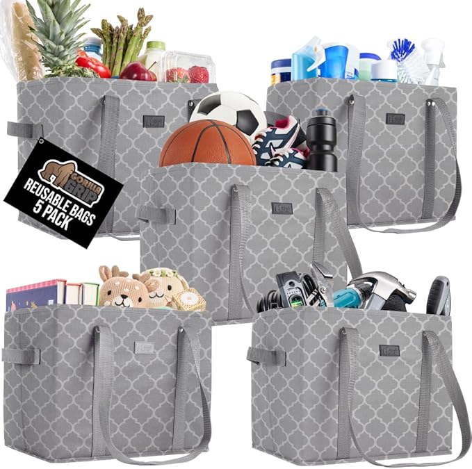 GORILLA GRIP Heavy Duty Foldable Reusable Grocery Bags, 5 PK, Tear Resistant Box Shape Shopping Tote with Reinforced Handles, Grip Feet, Easily Carry and Transport Groceries, 13x10x11 Quatrefoil Gray