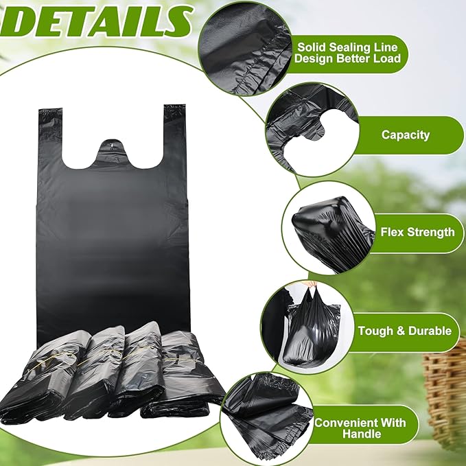 Kisston 400 Count Jumbo Size Plastic T Shirt Bags with Handles, 35 Mic, XX Large Plain Plastic T Shirt Grocery Bags, Thick and Heavy Duty (Black,25" x 15")