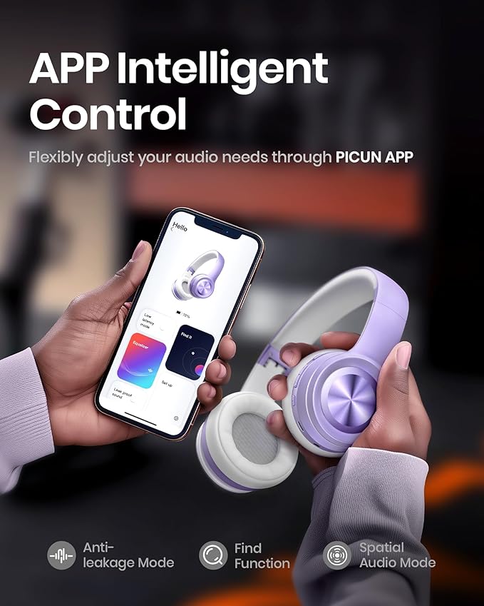 Picun Solo6 Wireless Bluetooth Headphones, 5EQ Music Mode, On-Ear Headphone with Built-in Microphone, Foldable Headset with 140H Battery Life, App Control for Girls, Home, School, Travel (Purple)