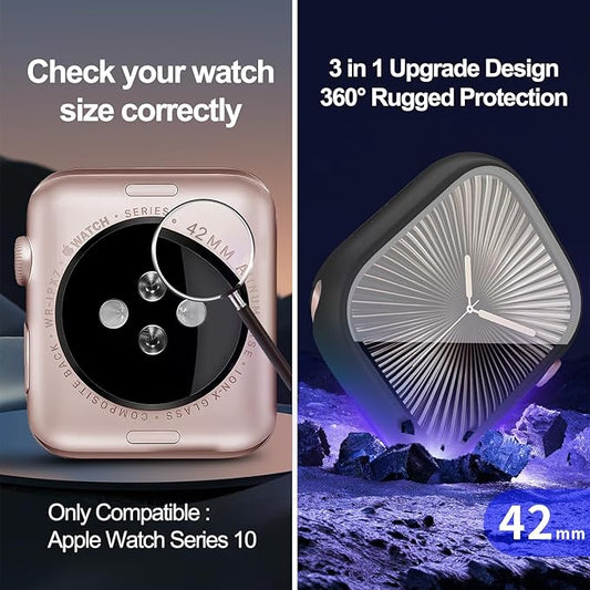3 in 1 Waterproof Case for Apple Watch Series 11(2025) Series 10 Screen Protector 42mm Accessories Built-in Tempered Glass, 360°Full Protective PC Bumper Face Cover Compatible iWatch 42mm