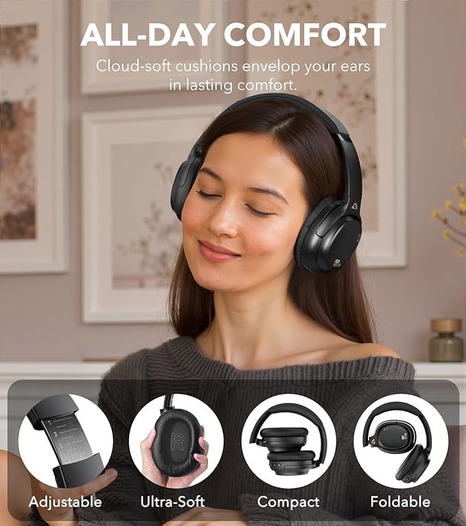 1Mii E700 Wireless Bluetooth Over Ear Headphones with Active Noise Canceling, Hi-Res Audio LDAC/aptX Low Latency for Airplane Travel Overhead Comfort, 54H Playtime, Custom EQ via App - Black