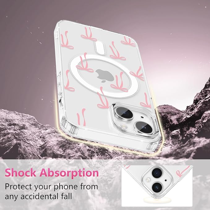 ZTOFERA for iPhone 14 Plus/15 Plus Magnetic Case Clear,Cute Love Heart Ribbon Bow Tie Aesthetic Phone Case,Transparent Trendy Slim Soft Shockproof Protective Phone Cover for Women Girls,Pastel Pink