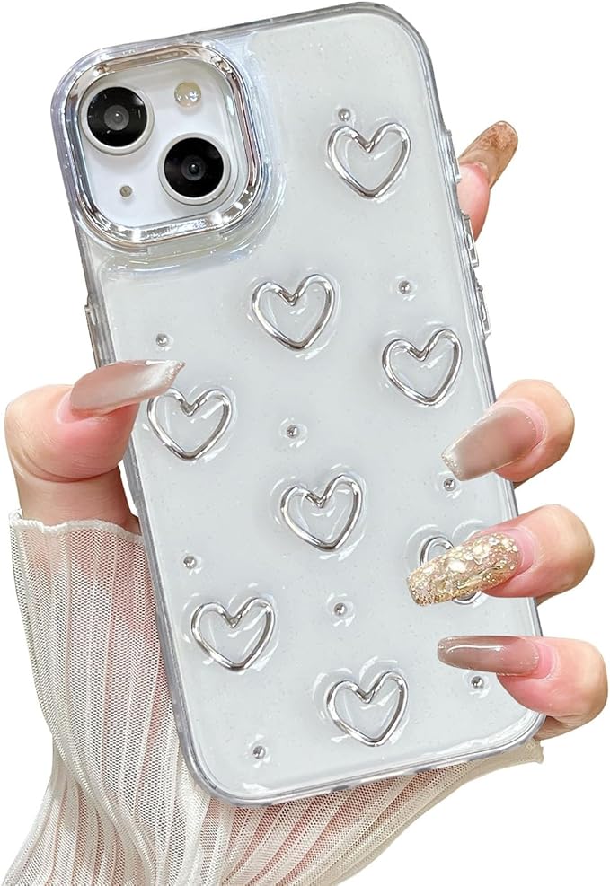 EYZUTAK Case for iPhone 15 Plus, Bling Glitter 3D Hearts Phone Case Cute Sparkly Crystal Clear Heart Aesthetic Design Case Slim Soft Durable TPU Transparent Protective Cover for Women Girls - Heart