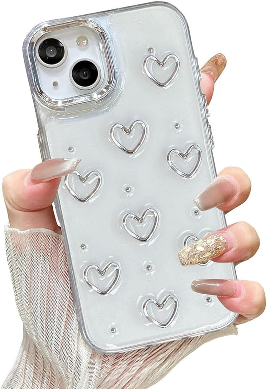 EYZUTAK Case for iPhone 13/iPhone 14, Bling Glitter 3D Hearts Phone Case Cute Sparkly Crystal Clear Heart Aesthetic Design Case Slim Soft Durable TPU Transparent Protective Cover for Women Girls-Heart