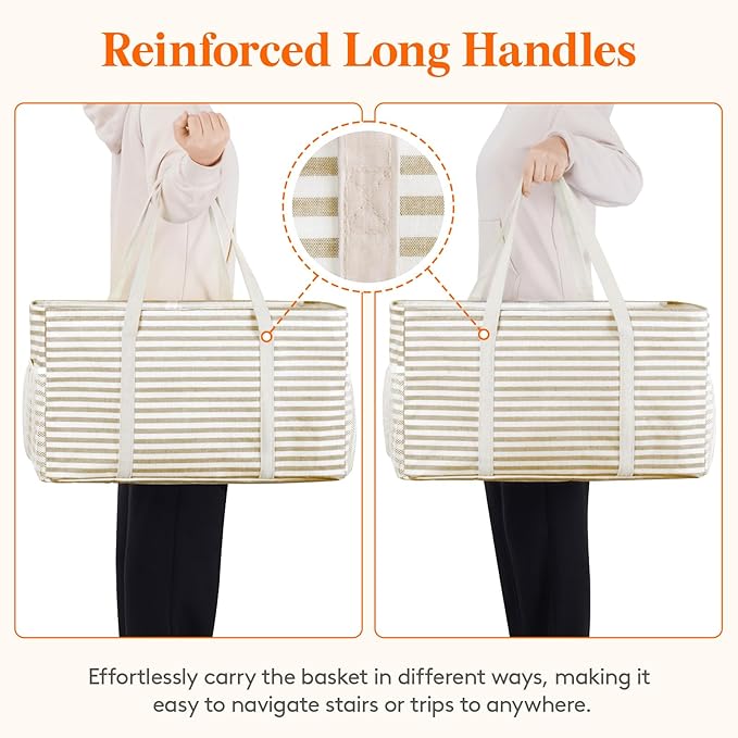 Lifewit Extra Large Tote Bag, Reusable Grocery Bags with Metal Wire Frame and Handles, Standing Utility Foldable Shopping Bags for Storage, Picnics, Beach, Pool, Laundry, Car, Camping, 1 Pack, Beige