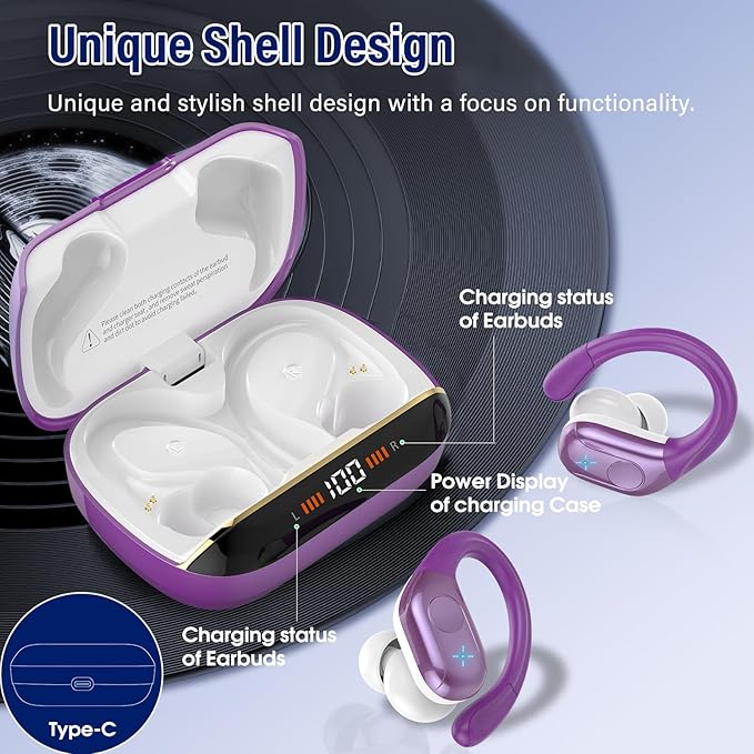 Wireless Earbuds Bluetooth 5.4 Headphones 75H Stereo Deep Bass Sports Over Ear Buds with Earhooks, LED Display Bluetooth Earbuds with 4 ENC Mic, IP7 Waterproof Earphone for Running,Dark Purple