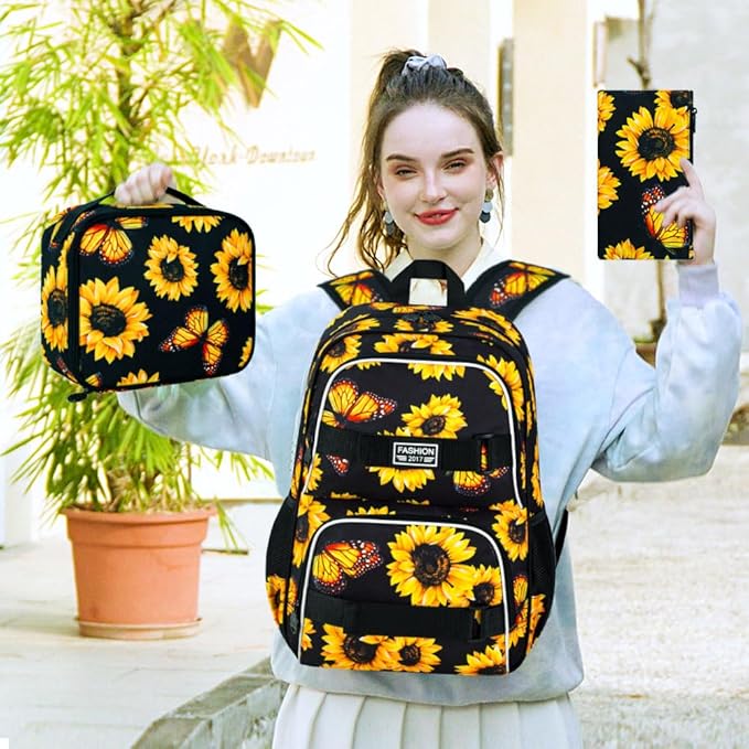 3Pcs Backpack for Girls Women, 17 Inches Sunflower Laptop Backpacks with Lunch Bag, Water Resistant College School Bookbag Set for Teens Students(Yellow)