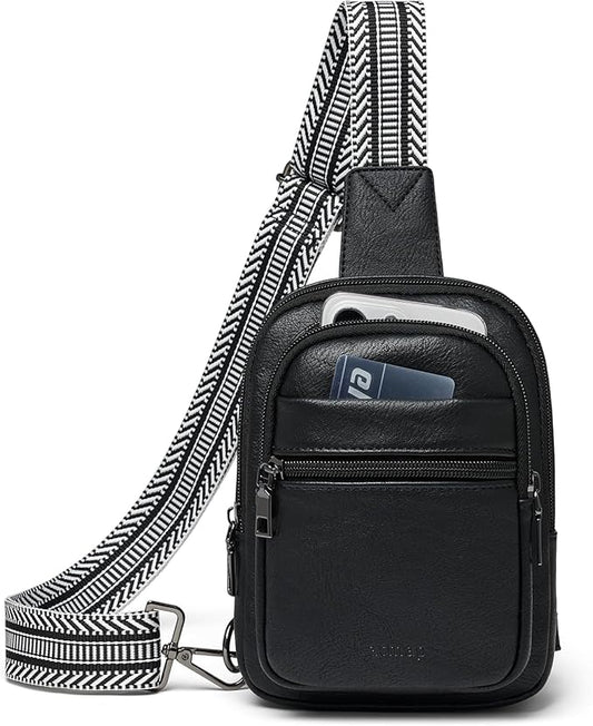 3L SMALL Sling Bag Fanny Packs For Women Men Mini Crossbody Chest Belt Travel Bag Purse Handbag Faux Leather Fashion Cute Black