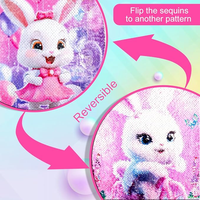 3Pcs Backpack for Girls, 16" Sequins Kids Bookbag with Lunch Box, Bunny School Backpacks for Elementary Preschool Kindergarten (Pink)