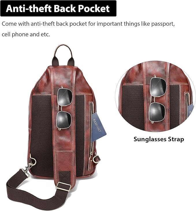 LANNSYNE Full Grain Leather Casual Sling Bag For Men Hiking/Travel/Business Crossbody Chest Bag Fits 12.9" iPad